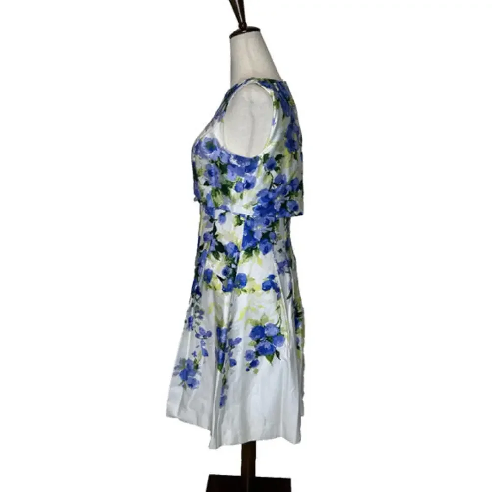 Vtg Lauren Ralph Lauren Pleated Sleeveless A Line 4 Dress Floral White Blue - Picture 2 of 6